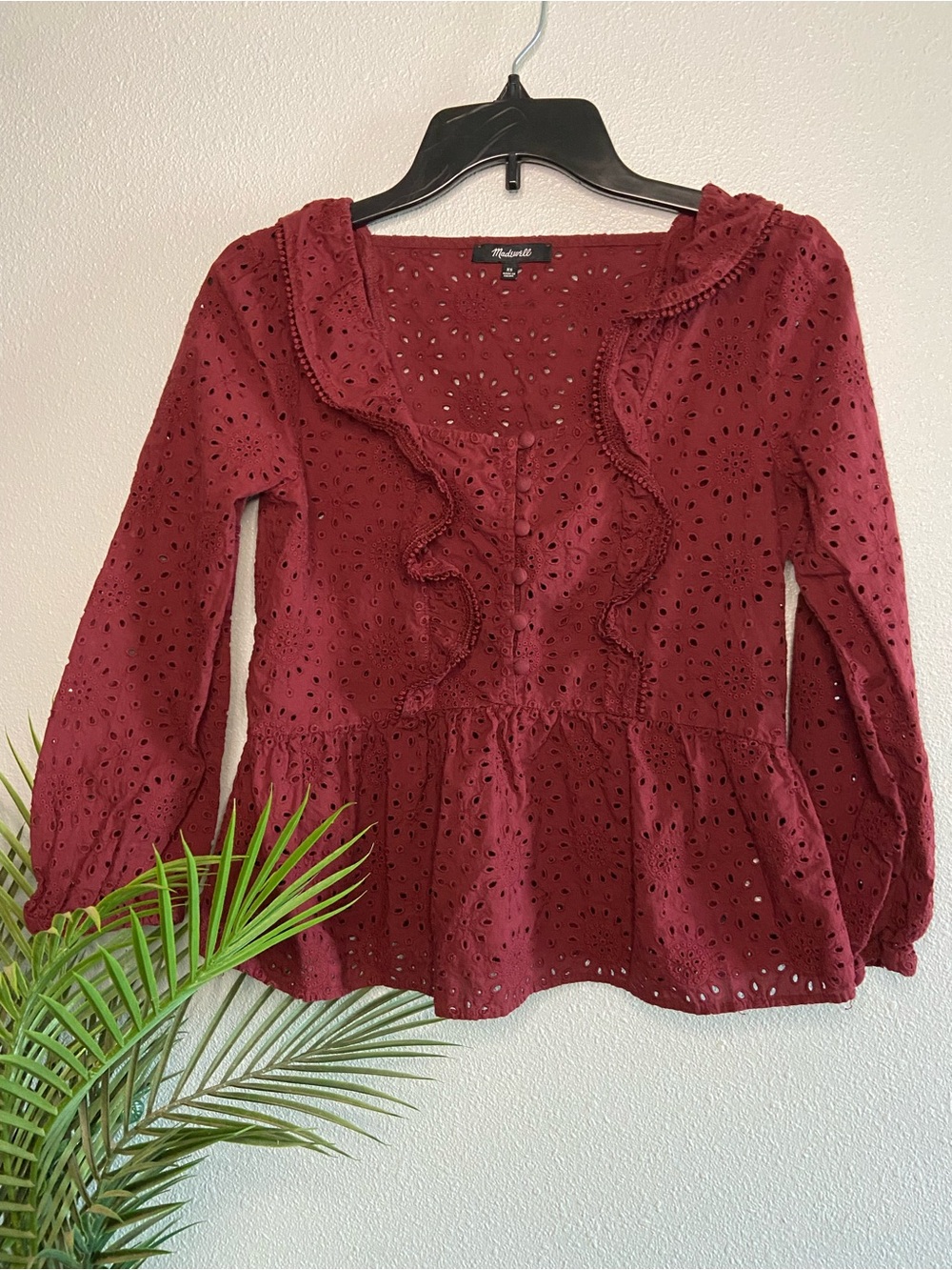 Madewell Burgundy Eyelet Ruffle Peplum Blouse